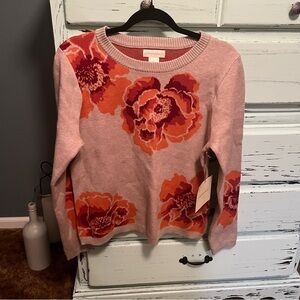 Cynthia Rowley Tan and Orange Floral Sweater. Size large, NWT.